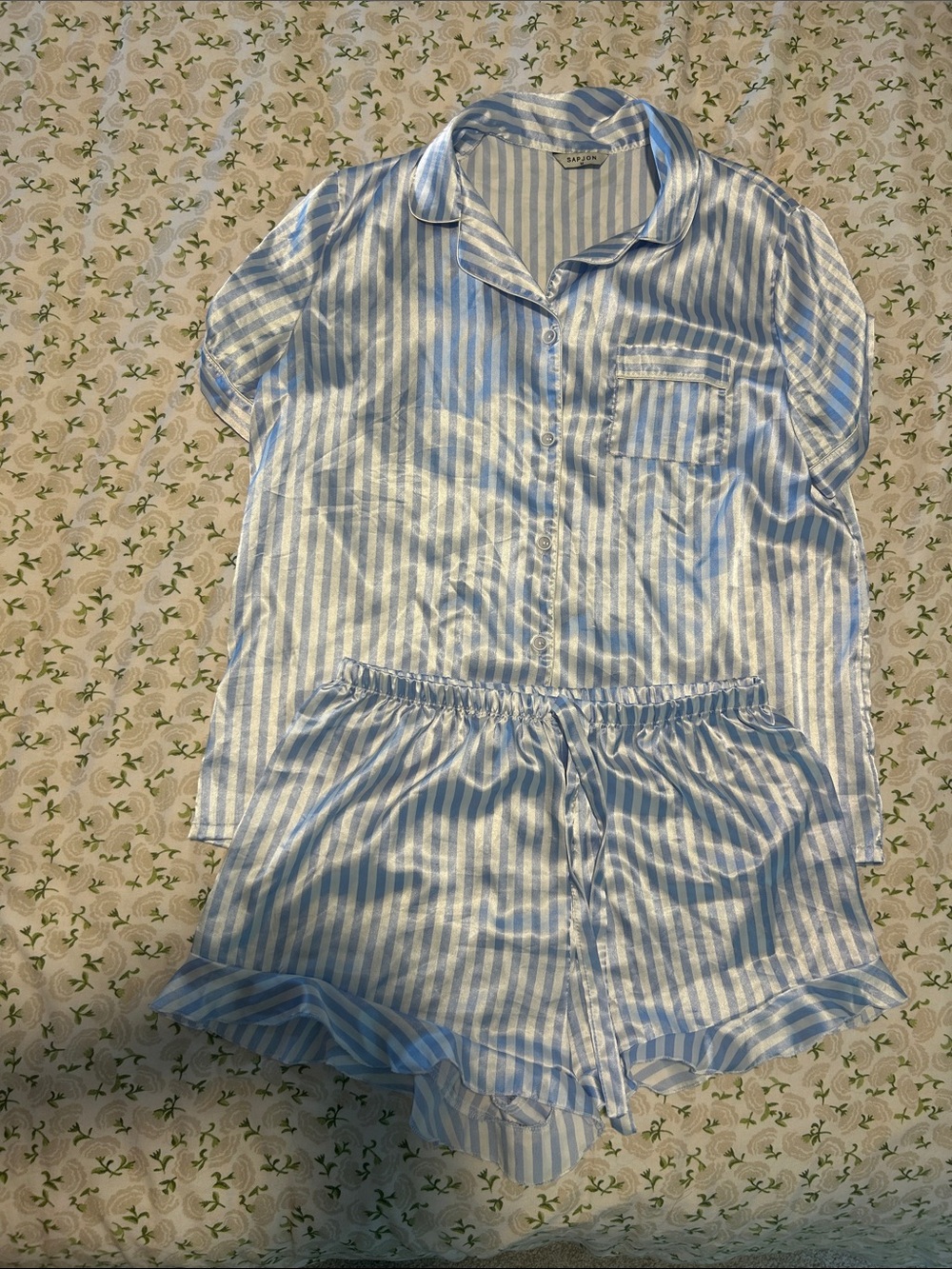 Women's Blue & White Striped Satin Short Pajama Set